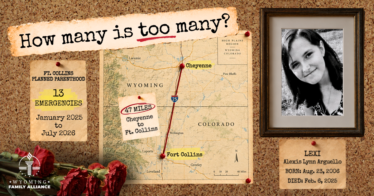 Map showing the 47 miles between Cheyenne, Wyoming and the Fort Collins Planned Parenthood, beside a photo of Lexi Arguello.