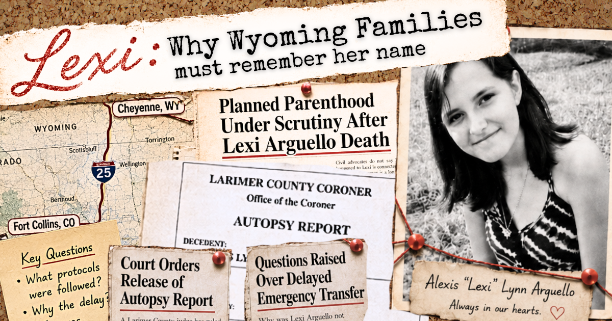 Cork board with a map of Wyoming and Colorado, clippings about Lexi Arguello, and her photograph.