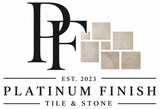 Logo for Platinum Finish Tile & Stone. Gray and black circle with tiles and phone number.