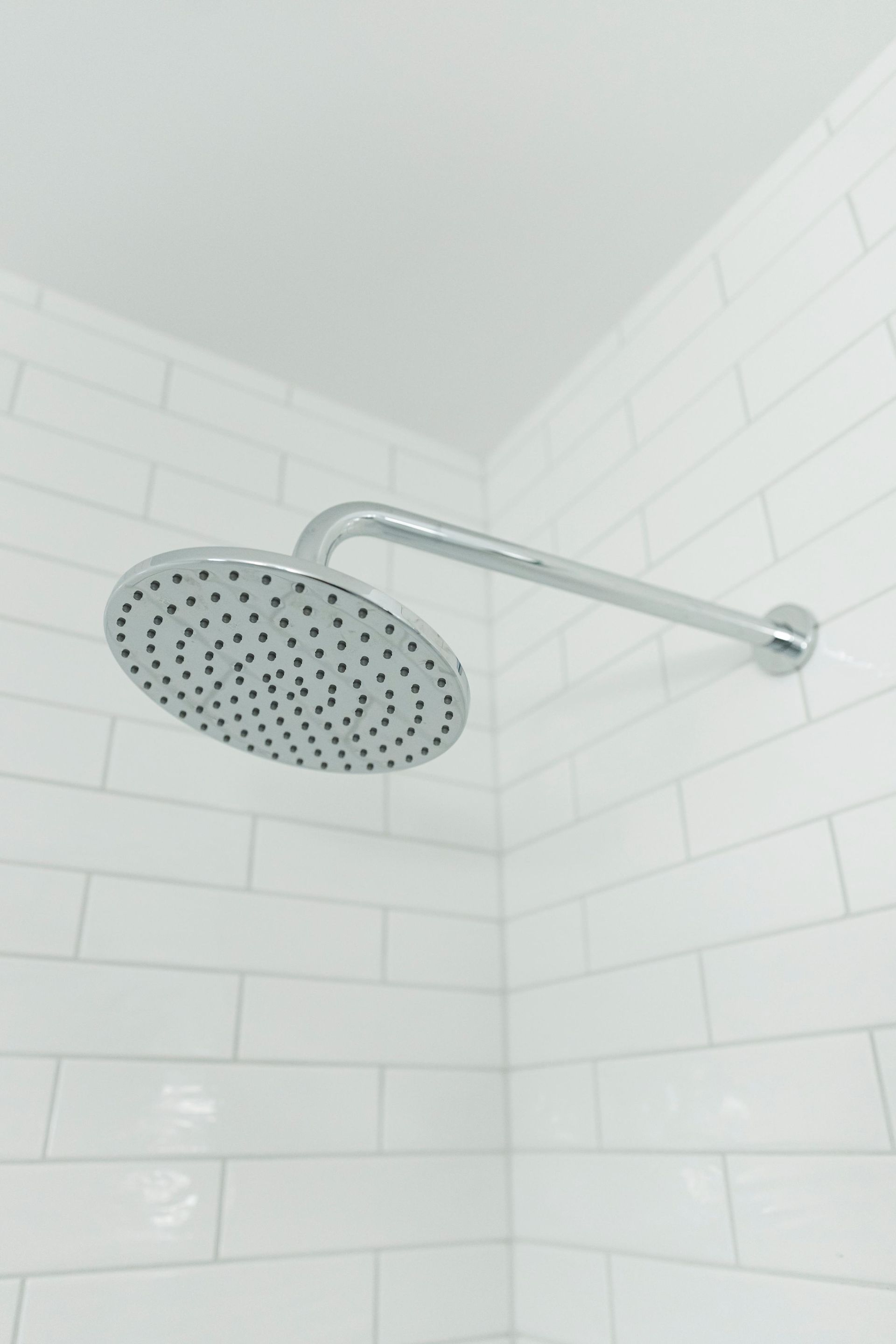 White tiled shower corner with a chrome rainfall showerhead attached to the wall.