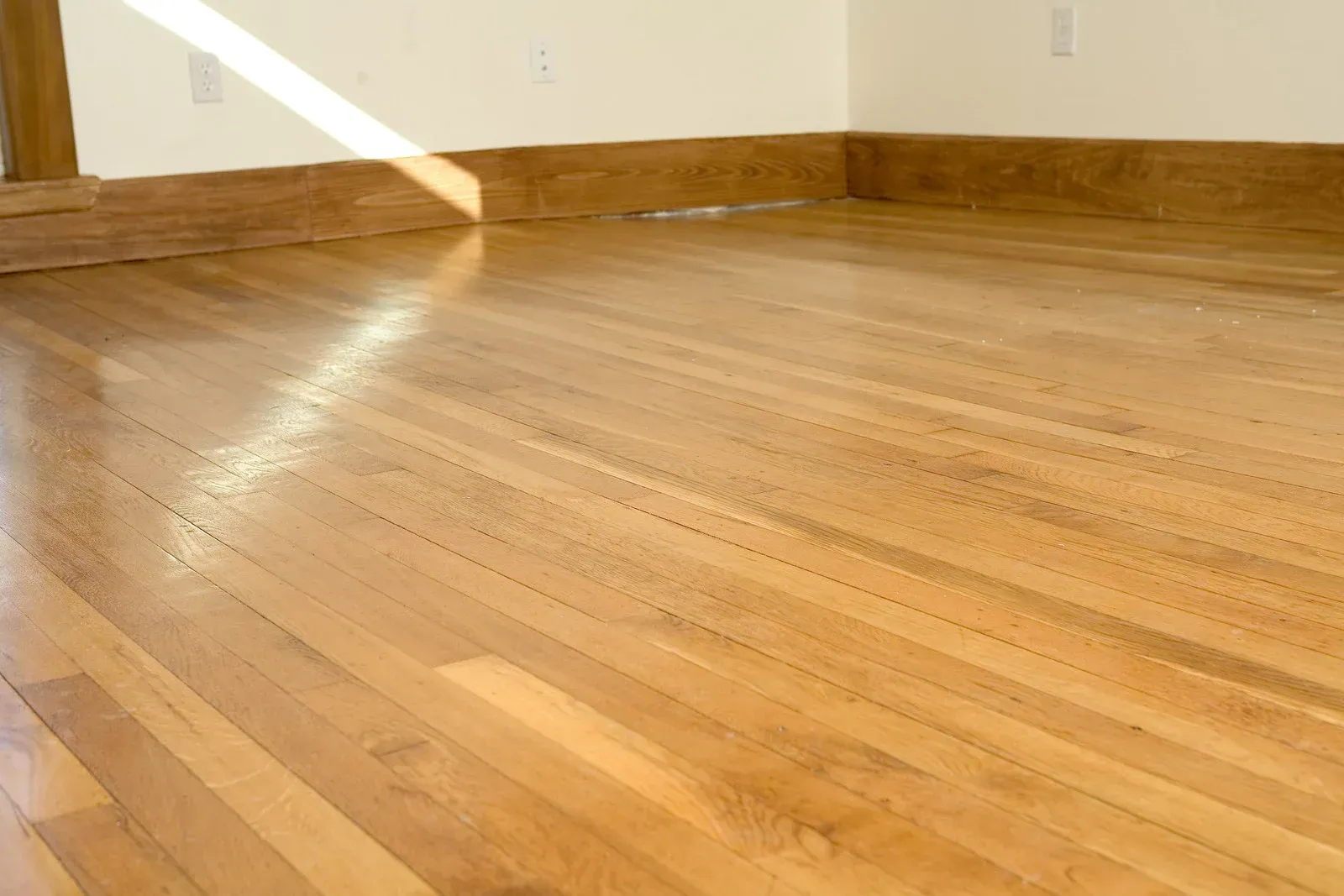 Hardwood floor in a room with natural light, highlighting wood grain and baseboards.