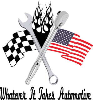Crossed wrench and ratchet over checkered and American flags with flames; &ldquo;Whatever It Takes Automotive&rdquo; text.
