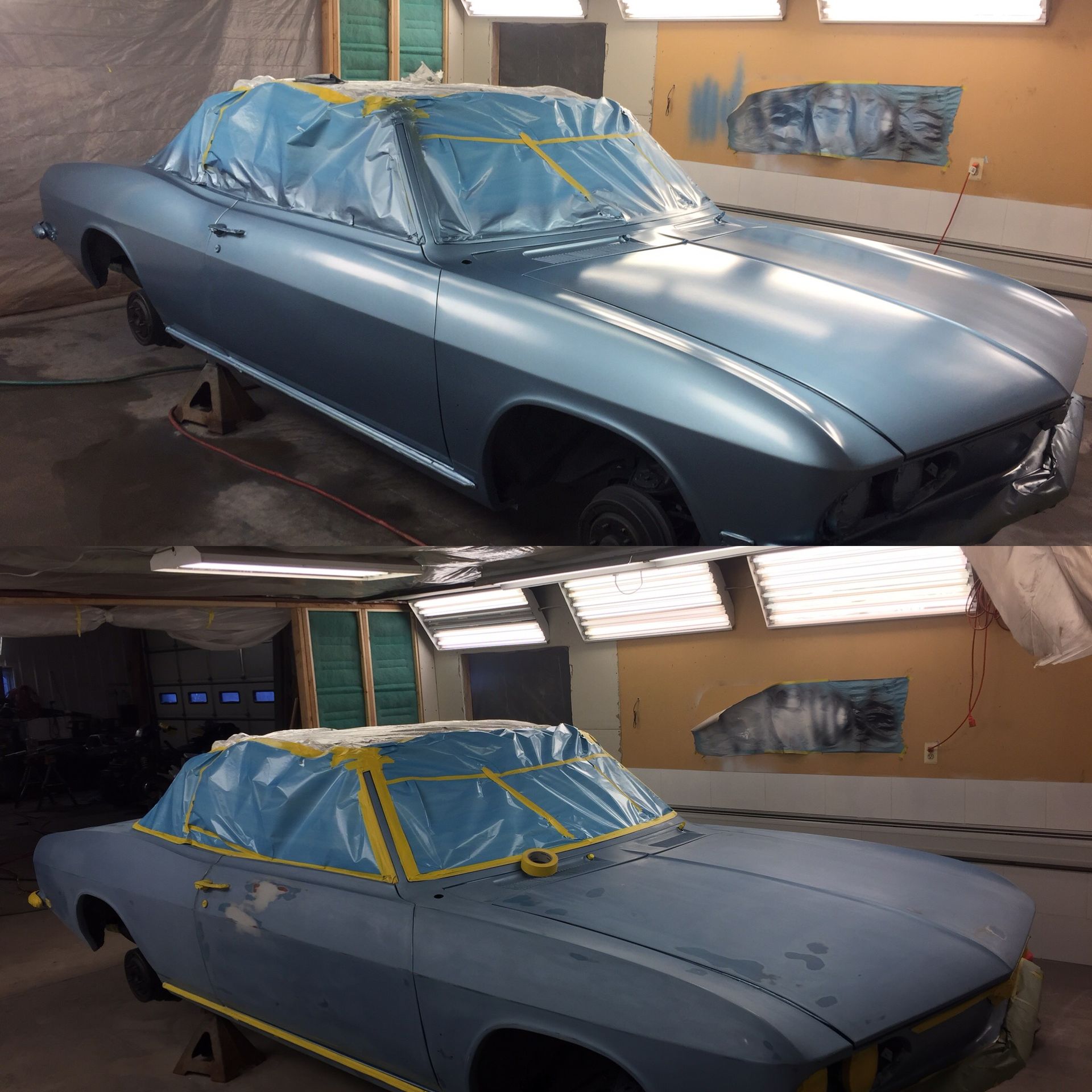 Two views of a blue classic car in a garage, masked with blue tape and plastic for painting