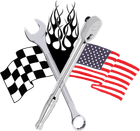 Crossed wrench and ratchet with checkered racing flag, American flag, and black flames