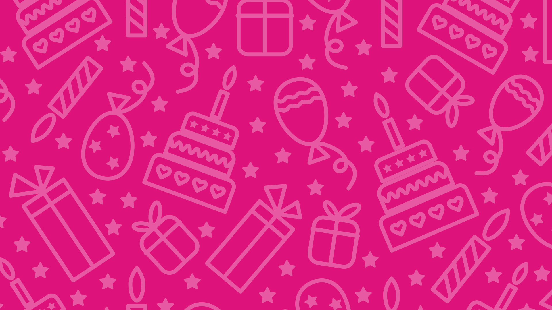 Pink birthday-themed pattern with outlines of gifts, balloons, cakes, stars, and candles.