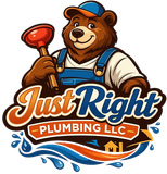Cartoon bear plumber logo holding a plunger, with “Just Right Plumbing LLC” text in orange and blue.