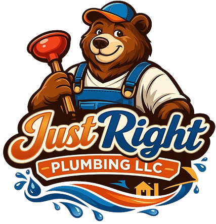 Logo of a smiling bear plumber holding a plunger, with &ldquo;Just Right Plumbing LLC&rdquo; in orange and blue