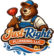 Logo of a smiling bear plumber holding a plunger, with &ldquo;Just Right Plumbing LLC&rdquo; in orange and blue