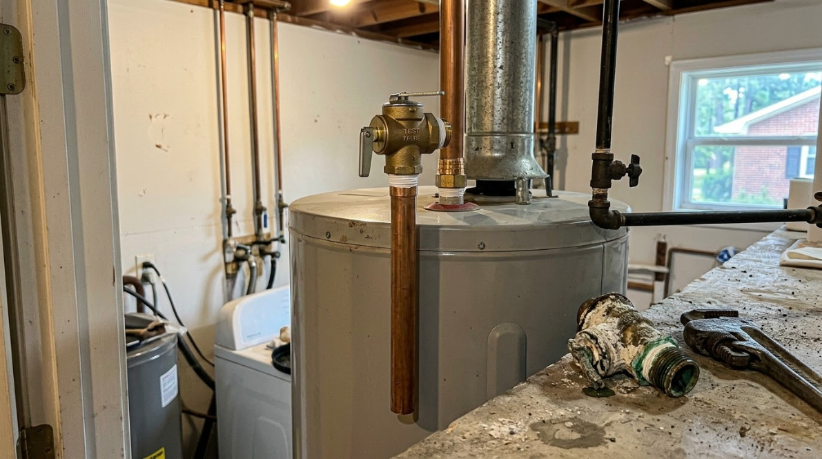 Basement utility room with a water heater, metal ductwork, pipes, and a workbench in the foreground