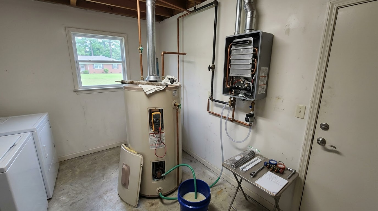 Laundry room with water heater, utility sink, wall-mounted electrical panel, and washing machine.