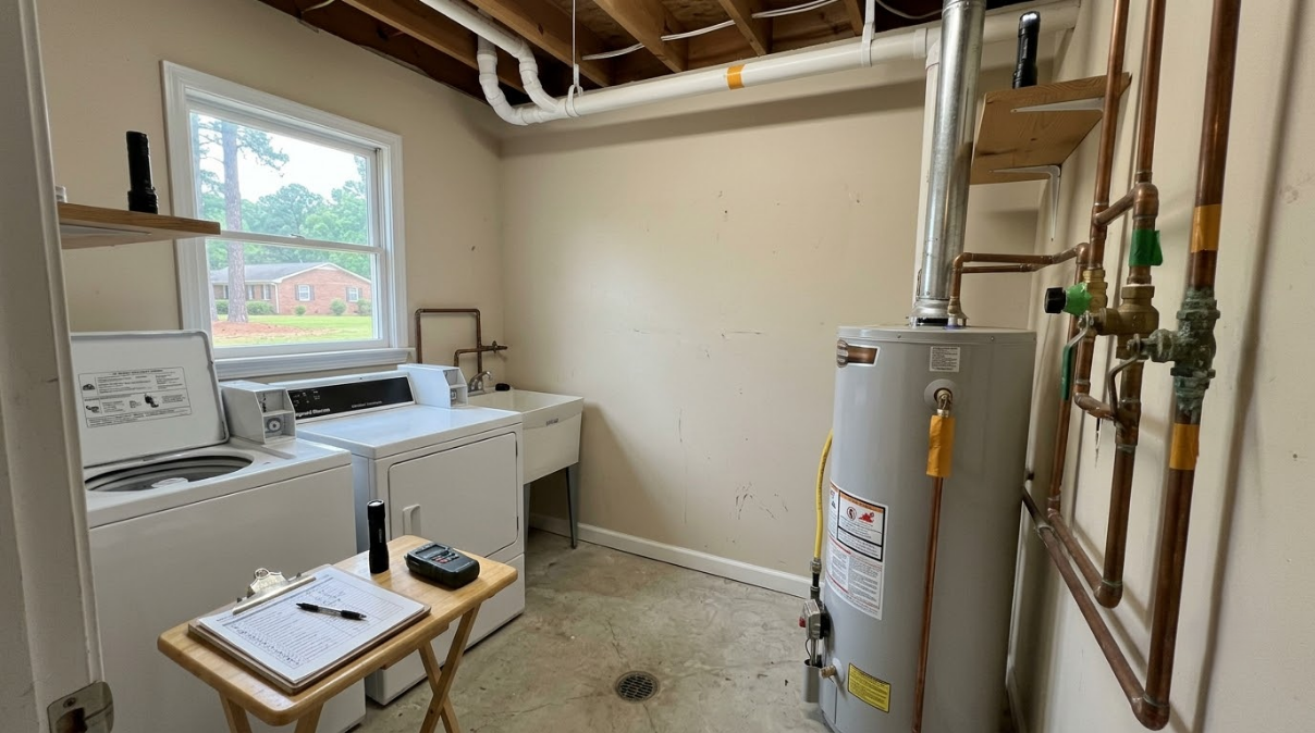 Laundry room with washer, dryer, utility sink, water heater, exposed pipes, and a small folding table
