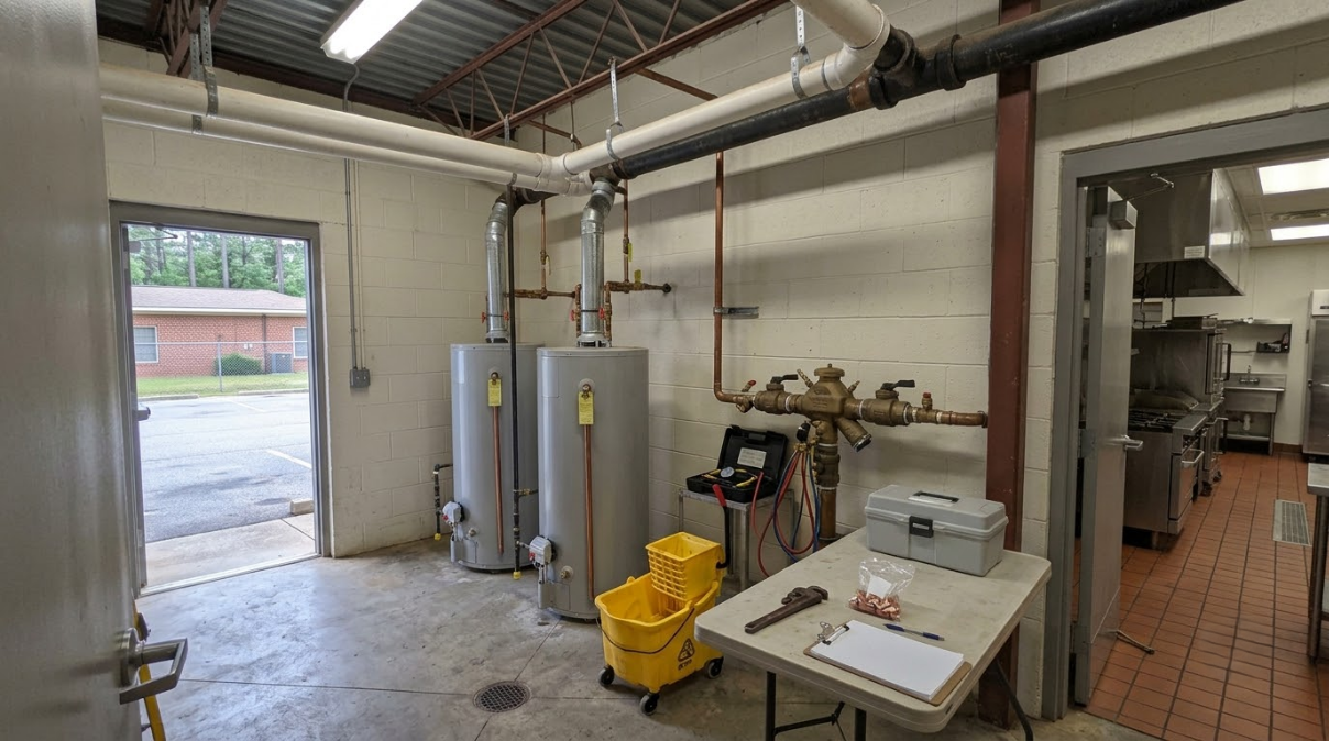 Industrial utility room with water heaters, piping, and an open door to outside￼