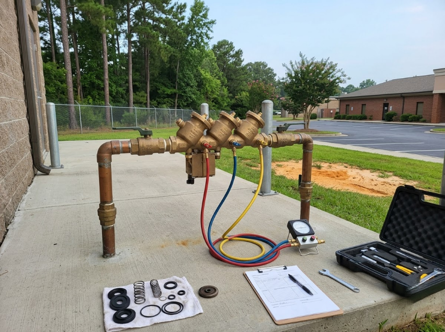 Backflow test equipment connected to outdoor copper plumbing beside a building, with tools laid out nearby