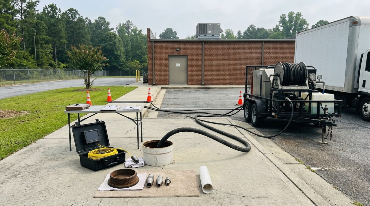 Utility equipment on a concrete pad beside a brick building, with hoses, cables, and a trailer in a parking lot.