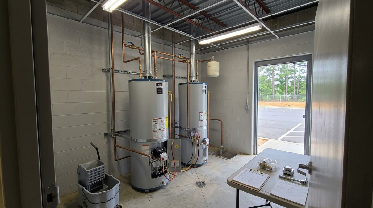 Utility room with two white water heaters, exposed pipes, and a table near an open door.