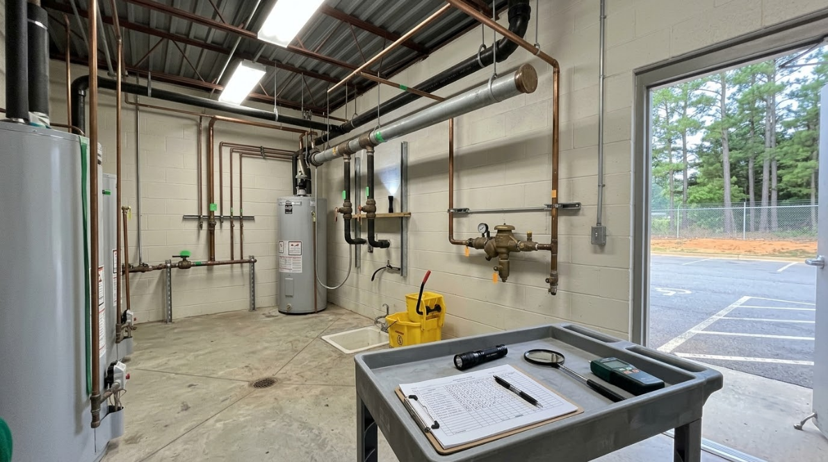 Empty industrial utility room with pipes, tanks, and a workbench by a large open garage door
