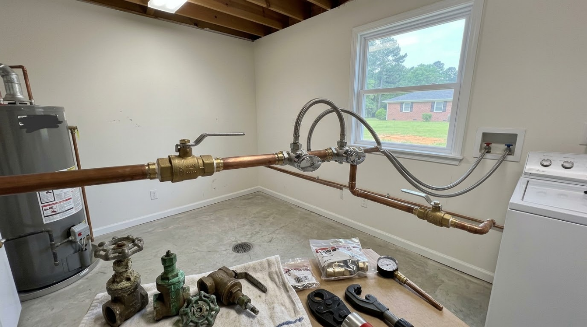 Small mechanical room with pipes, valves, and tools on the floor near a window and water heater.