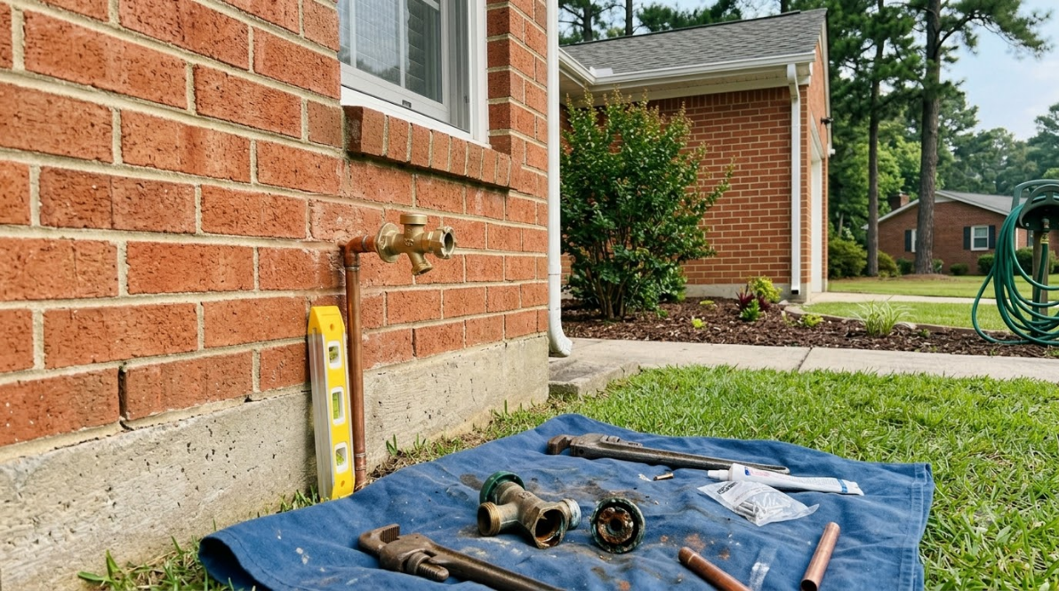 Tools on a blue tarp beside a brick house wall, with a yellow level and bike in the background.