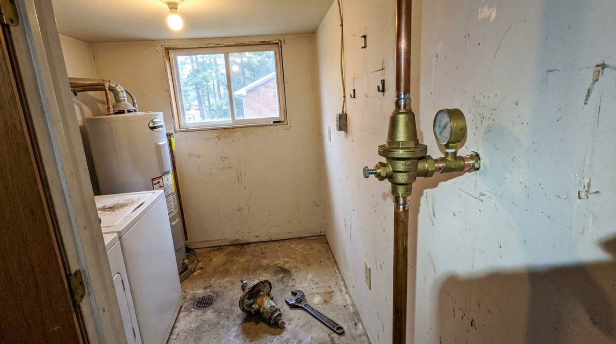 Narrow utility room with washer, dryer, window, exposed pipes, and tools on the floor