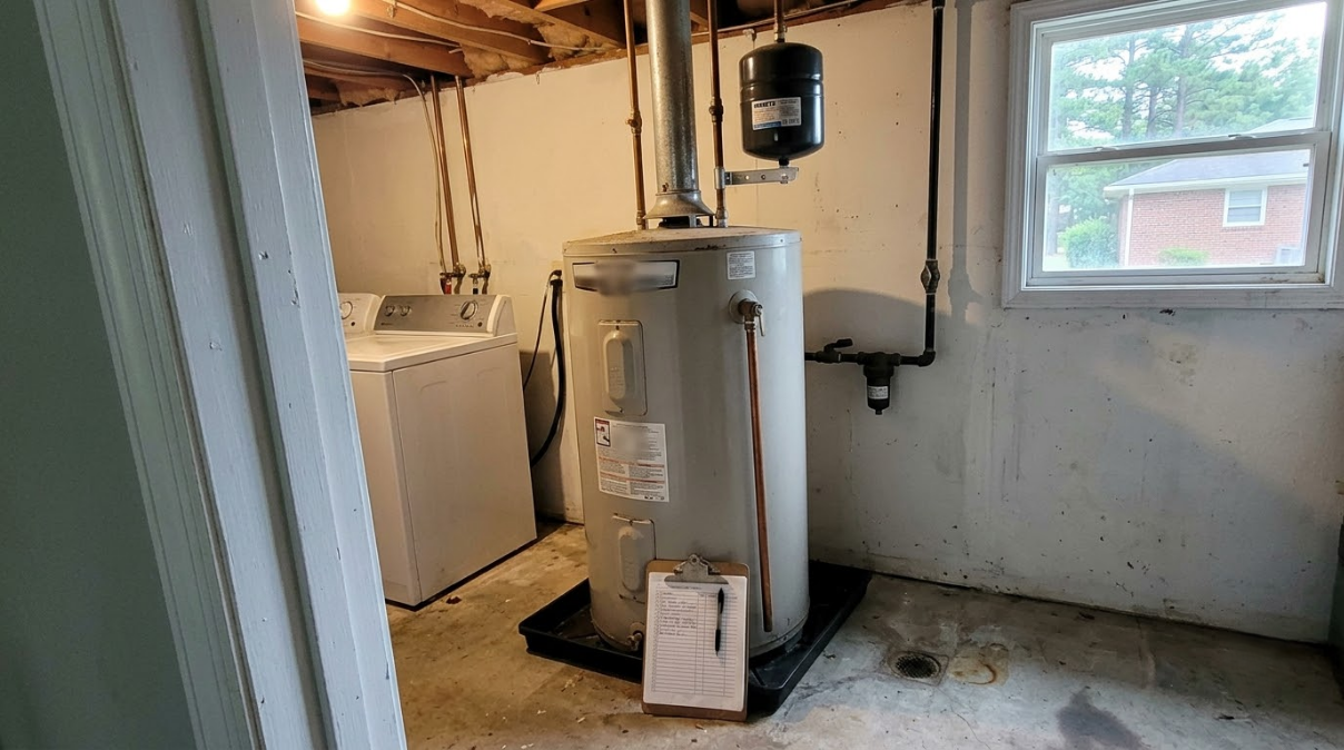 Basement utility room with water heater, washing machine, and a small window