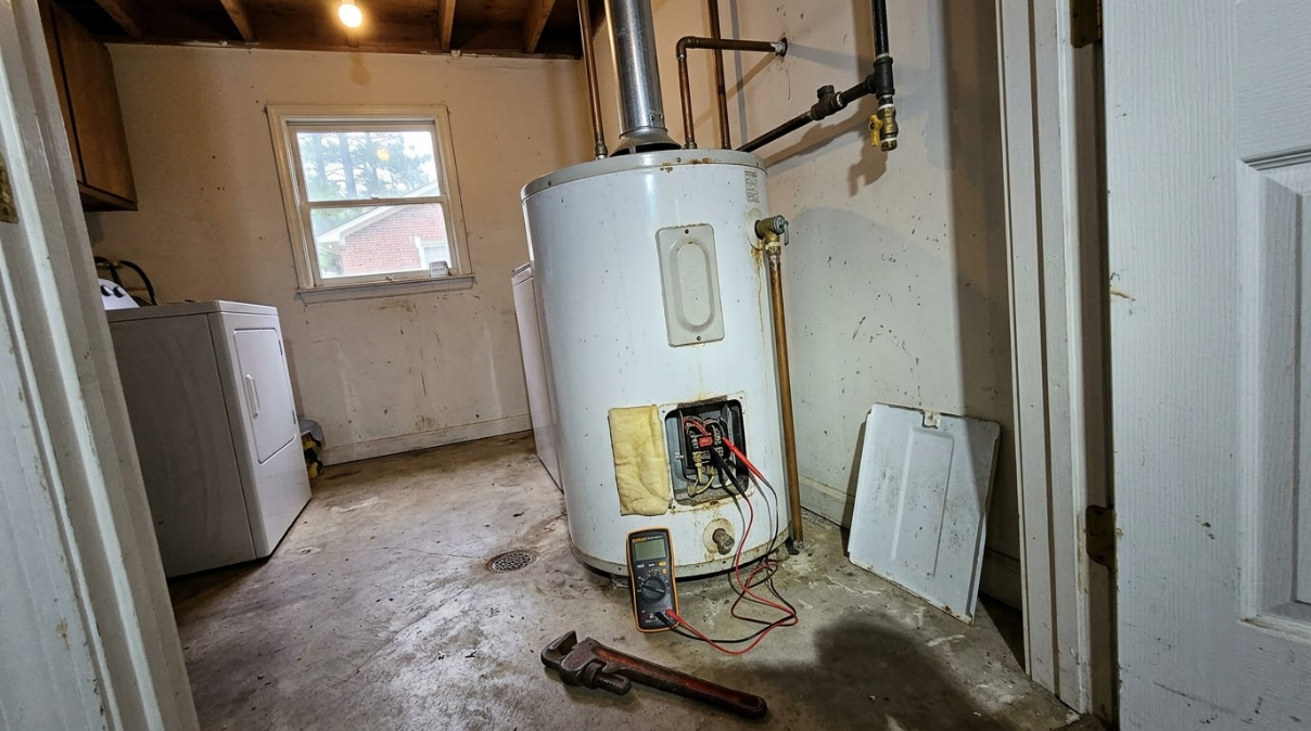 Basement utility room with a water heater, pipes, and a small window, showing unfinished walls and floor.