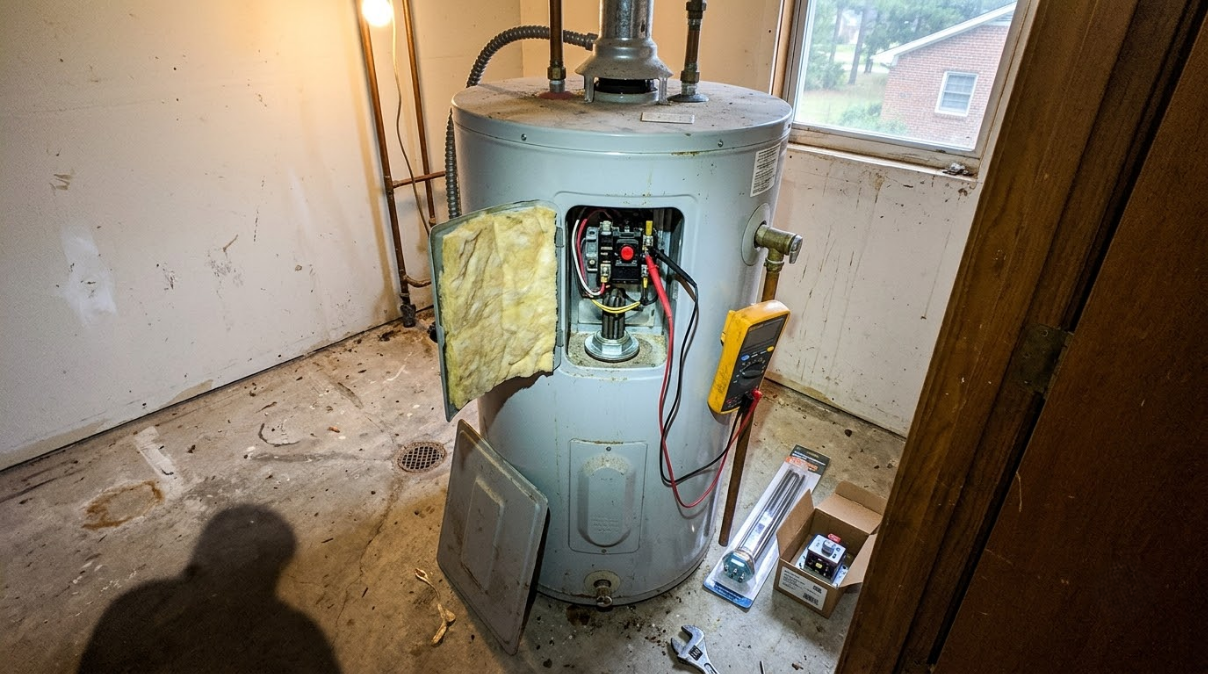 Exposed water heater with open wiring and tools in a small utility room