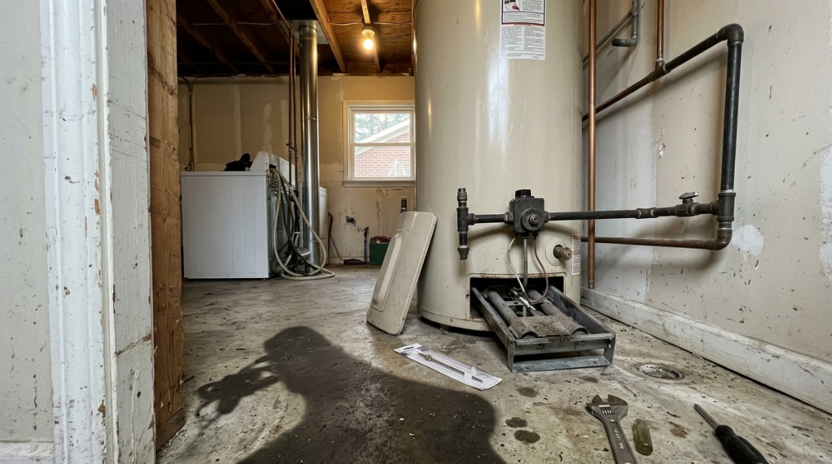 Flood-damaged room with muddy floor, broken appliances, exposed pipes, and debris near a window.