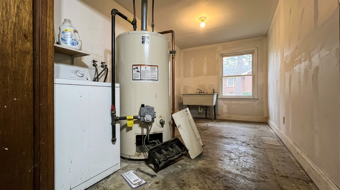 Narrow utility room with water heater, boiler, white cabinet, and miscellaneous items on a worn floor.