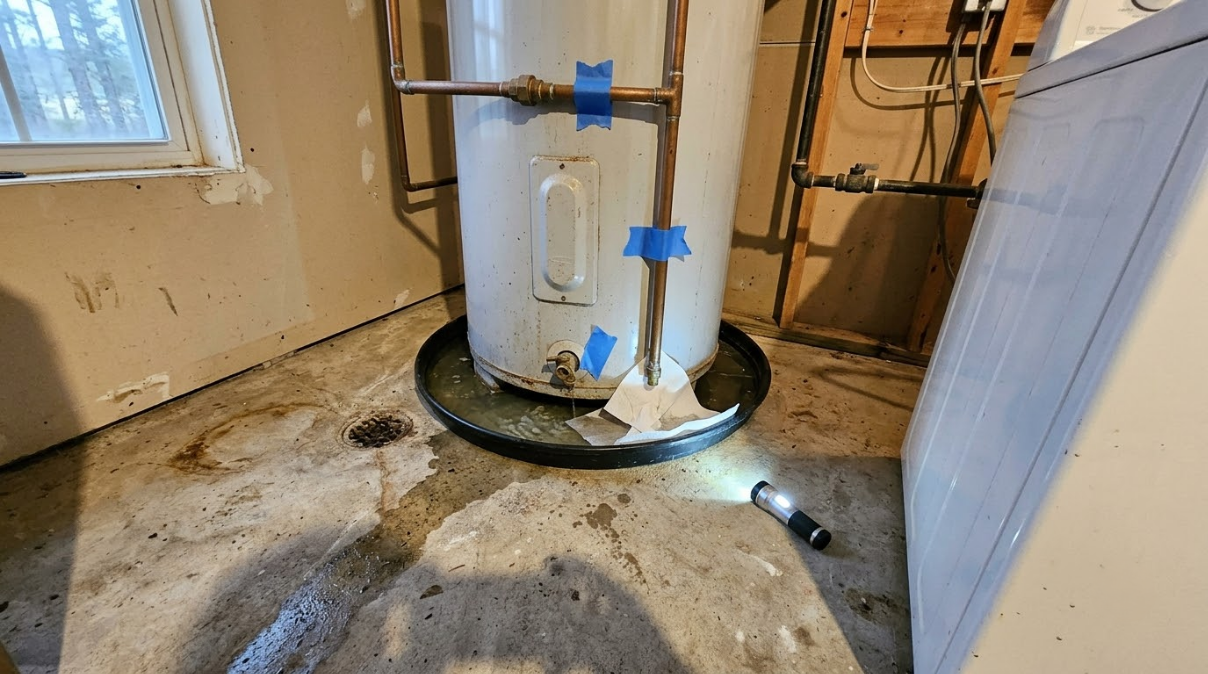 Leaking water heater in basement with puddles on the floor and blue tape around pipes