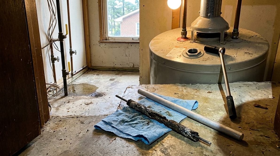 Dusty workshop with hand tools on the floor beside a round metal stove or furnace.