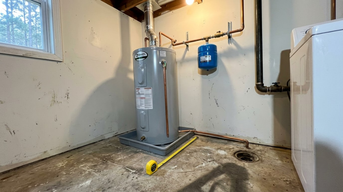 Utility room with water heater, blue expansion tank, and white washing machine on a concrete floor.