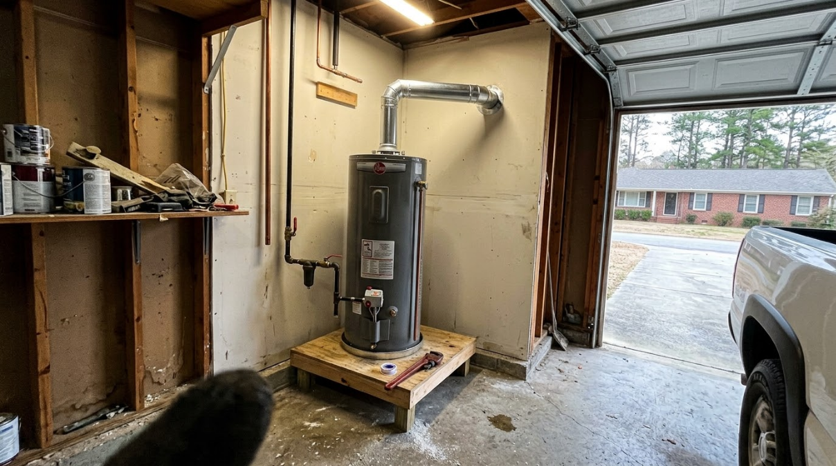Water heater on a pallet in a garage beside an open door, with a parked vehicle outside
