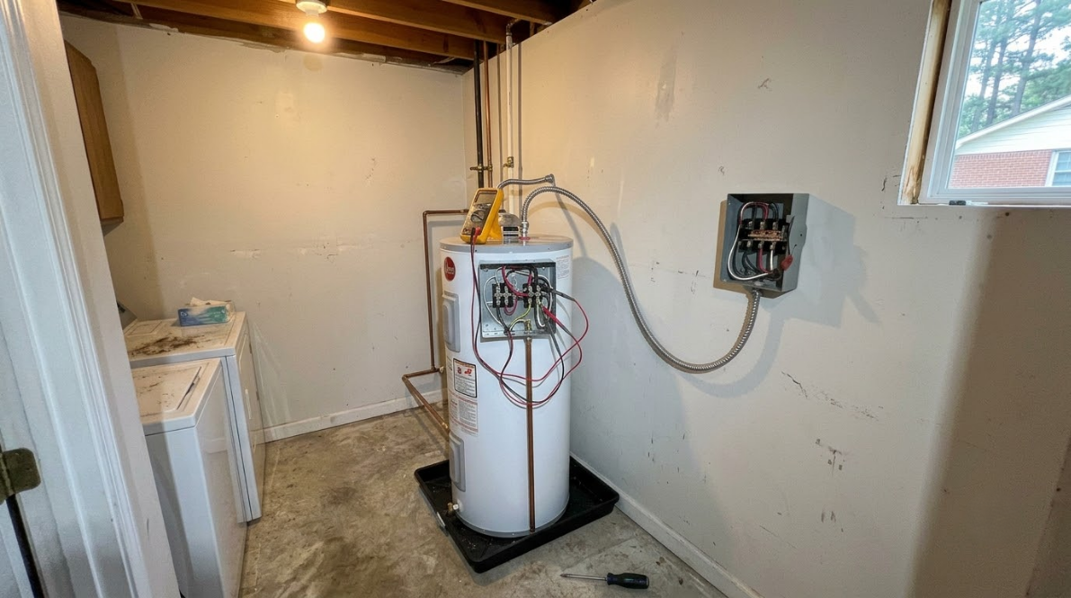 Utility room with a white water heater, exposed pipes, and a small window on the right.