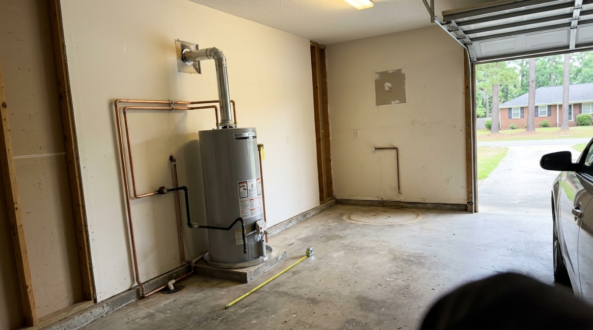 Garage with a water heater and exposed pipes; concrete floor and open driveway visible.