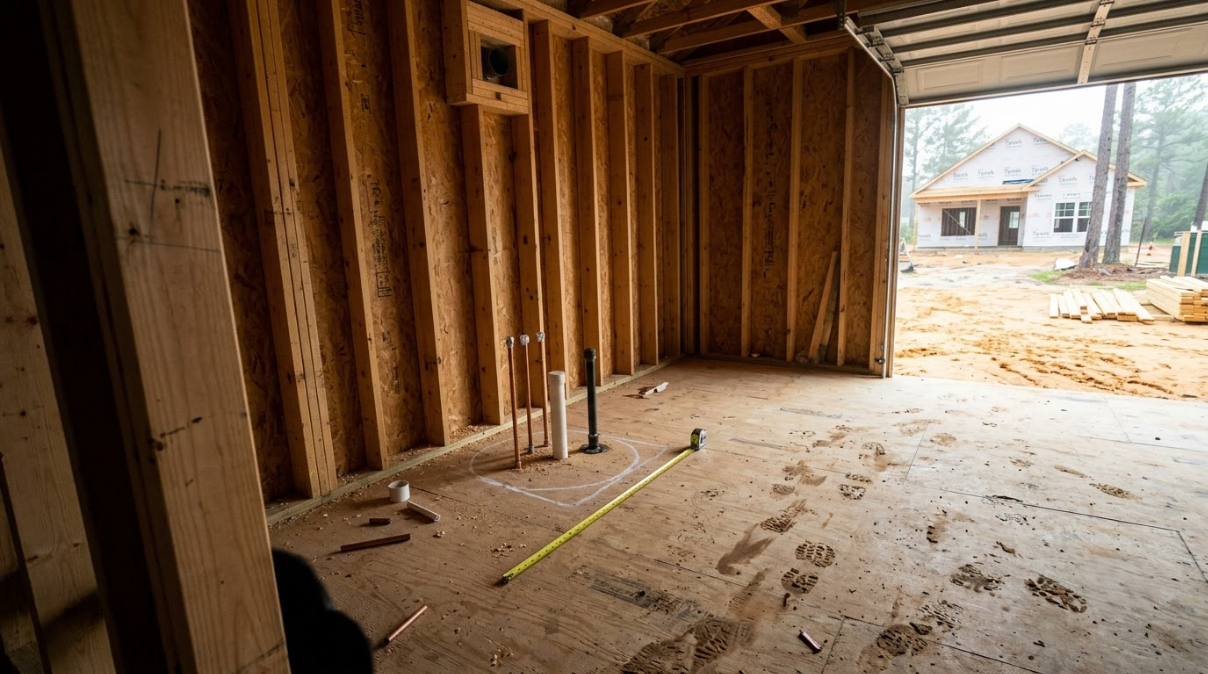 Interior of a framed house under construction, with exposed wooden studs and a concrete floor.