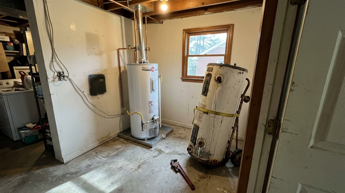 Basement utility room with water heater, furnace, pipes, and tools on the floor.