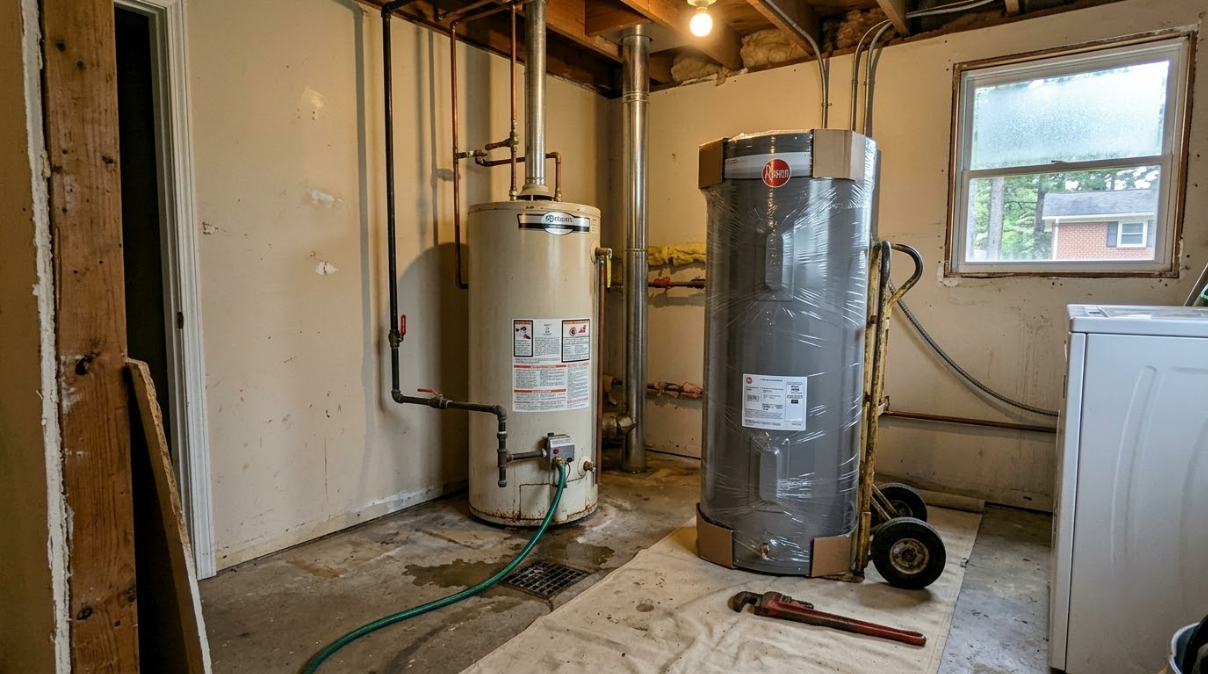 Utility room with two water heaters, pipes, and a window beside a washer/dryer.