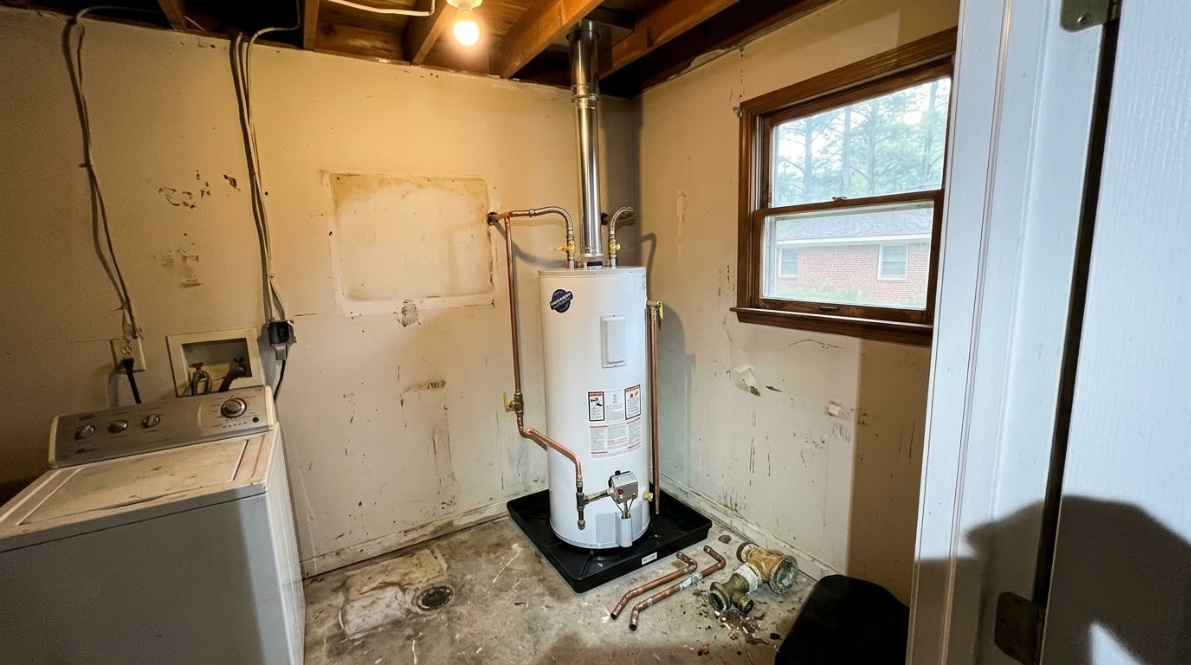 Laundry room with washer, water heater, and a small window, showing damaged walls and debris on the floor