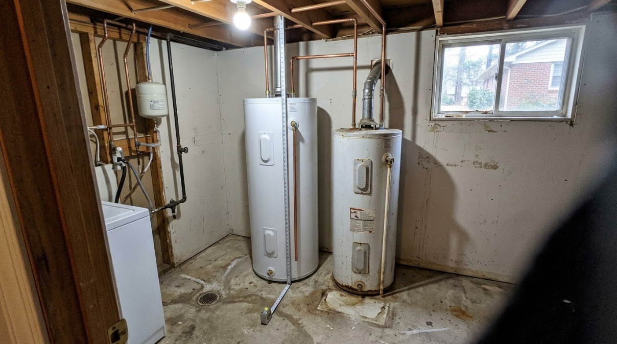 Basement utility room with two water heaters, exposed pipes, and a small window