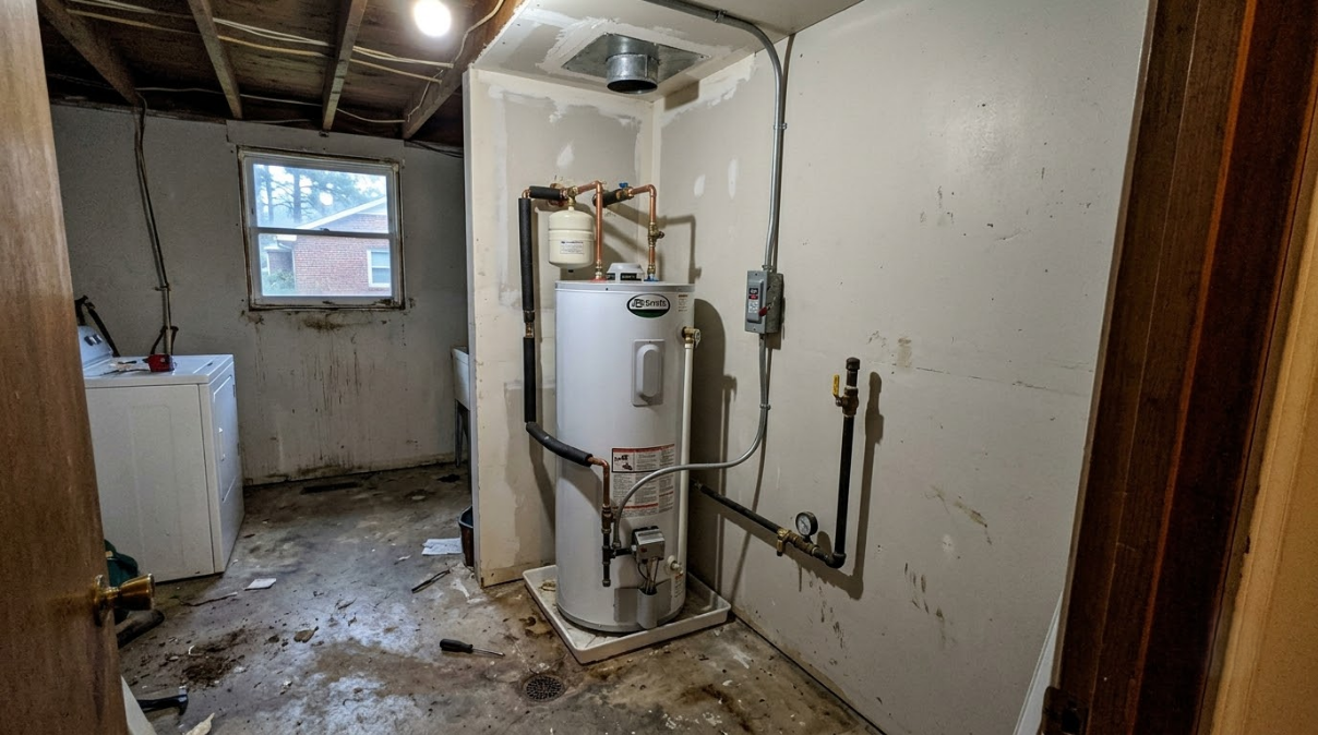 Basement utility room with water heater, pipes, and unfinished walls and floor