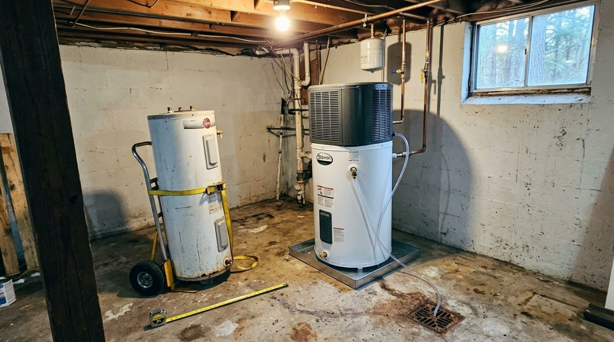 Basement utility room with two water heaters, exposed pipes, and a small window.
