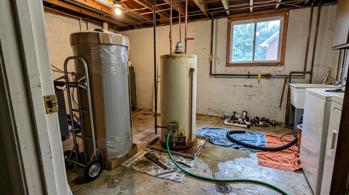 Basement utility room with water heaters, laundry machines, exposed beams, and tangled hoses on the floor