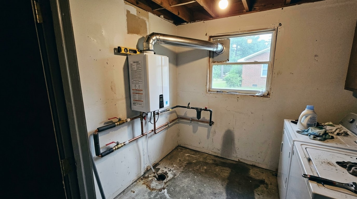 Small unfinished utility room with a wall-mounted water heater, exposed pipes, and a window.