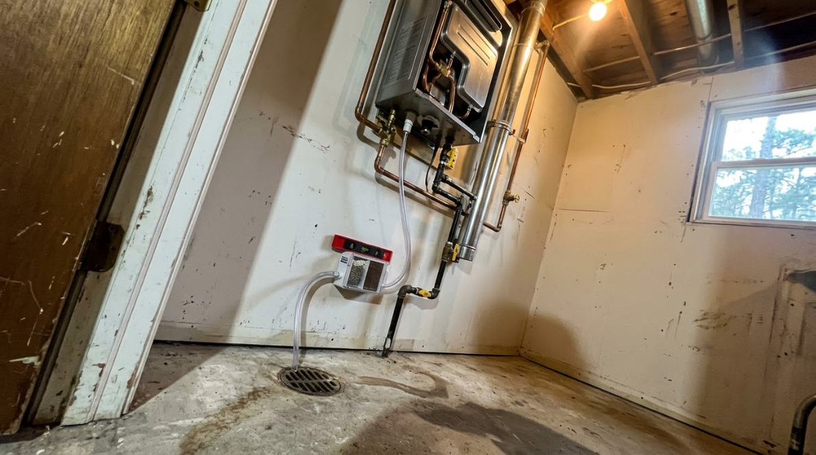 Utility room with exposed pipes, water heater, and a small window on a concrete floor