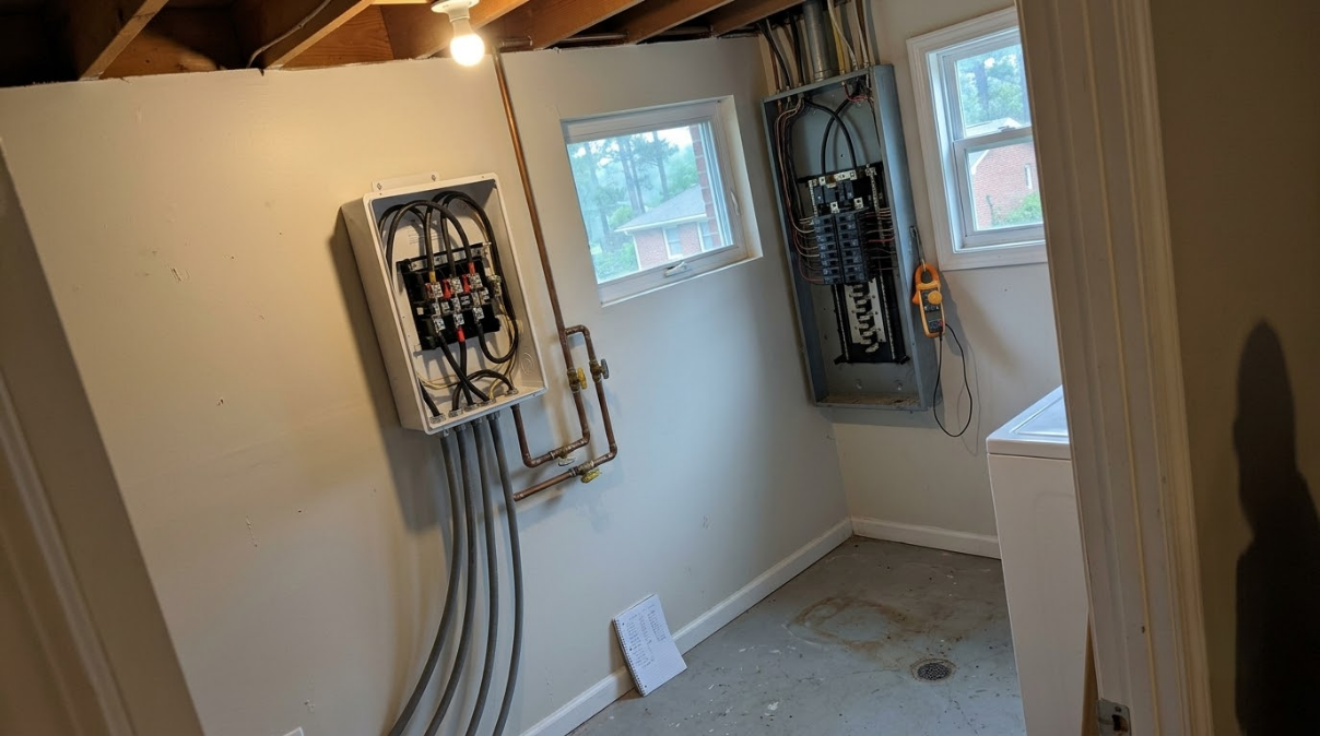 Small unfinished utility room with electrical panels, exposed wiring, and two windows.