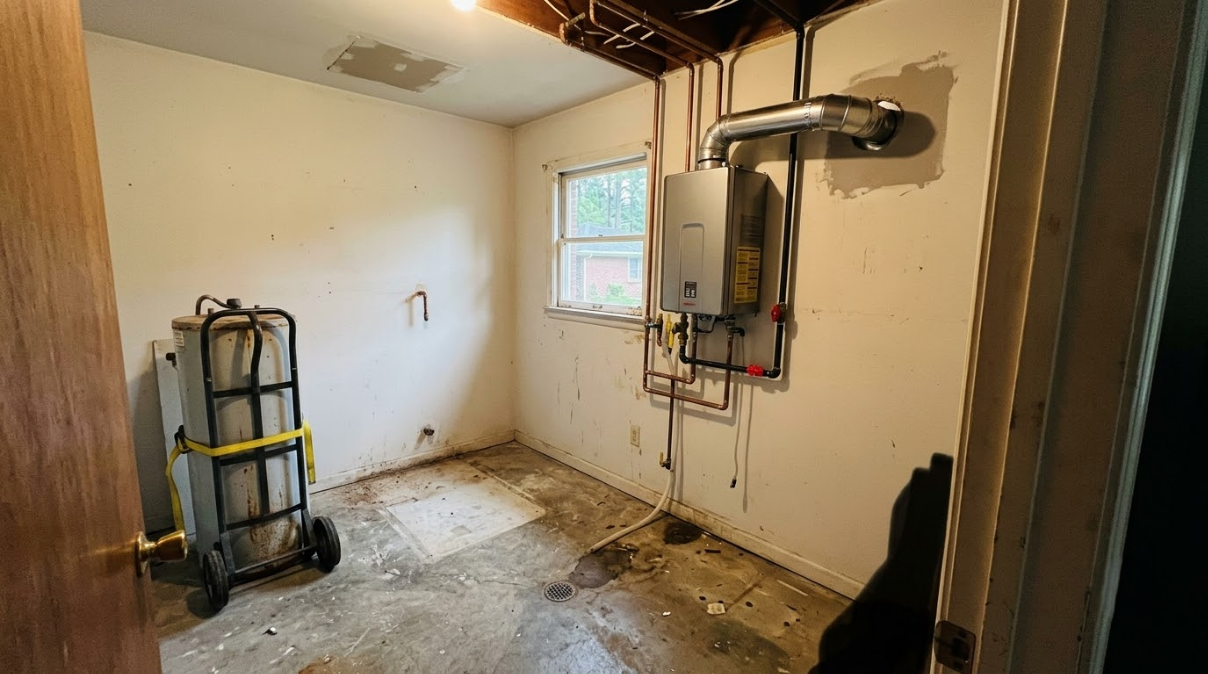 Empty utility room with exposed ceiling, water heater, furnace, and unfinished floor under renovation