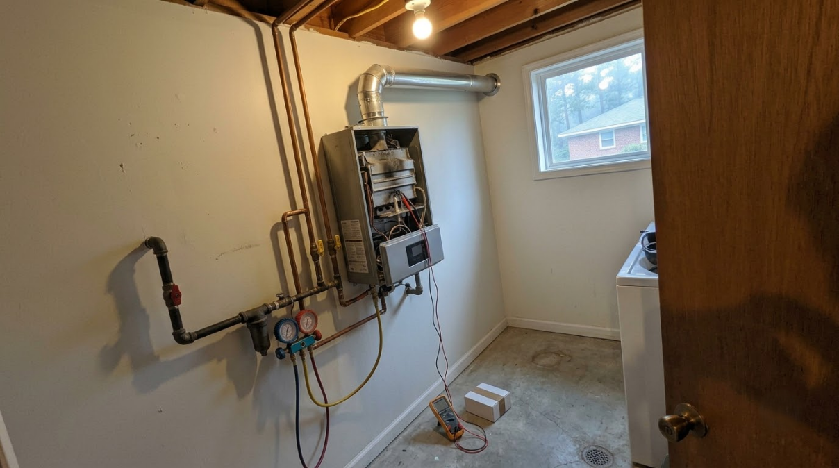 Utility room with wall-mounted boiler, exposed pipes, window, and a mop bucket on the floor.