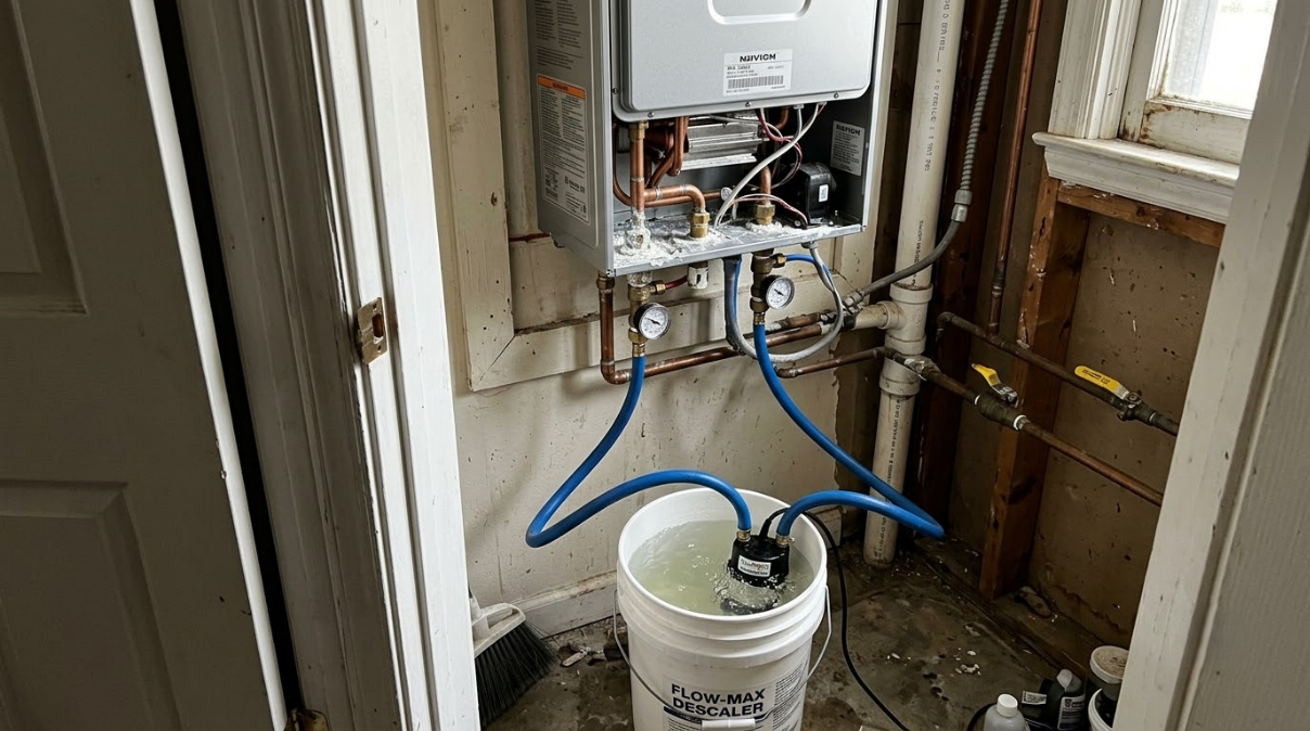 Water heater plumbing with blue hoses and a bucket in a small utility closet