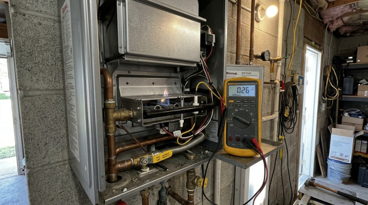 HVAC furnace with attached yellow multimeter in a utility room, wires and ducts exposed