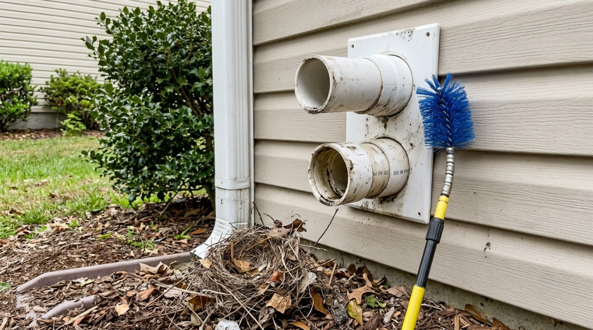 Two white wall vents beside a downspout, with a blue brush leaning against tan siding near mulch.